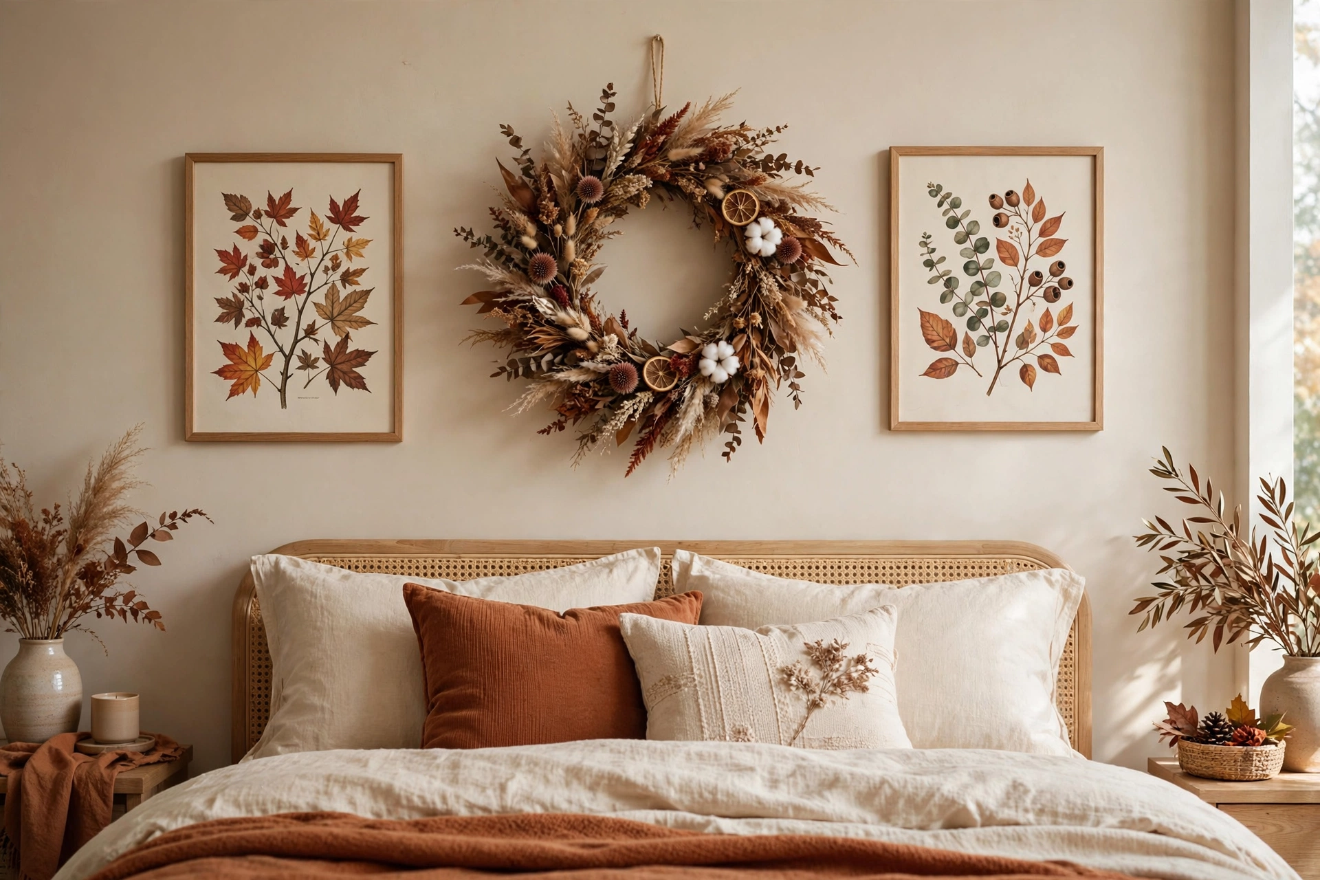 Fall bedroom wall decor with dried wreath and botanical prints