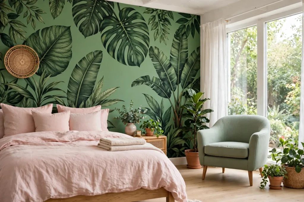 Botanical leaf wallpaper bedroom with blush pink textiles and sage armchair