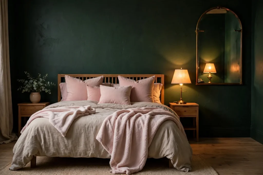 Dark green bedroom walls with soft pink textiles and velvet cushions