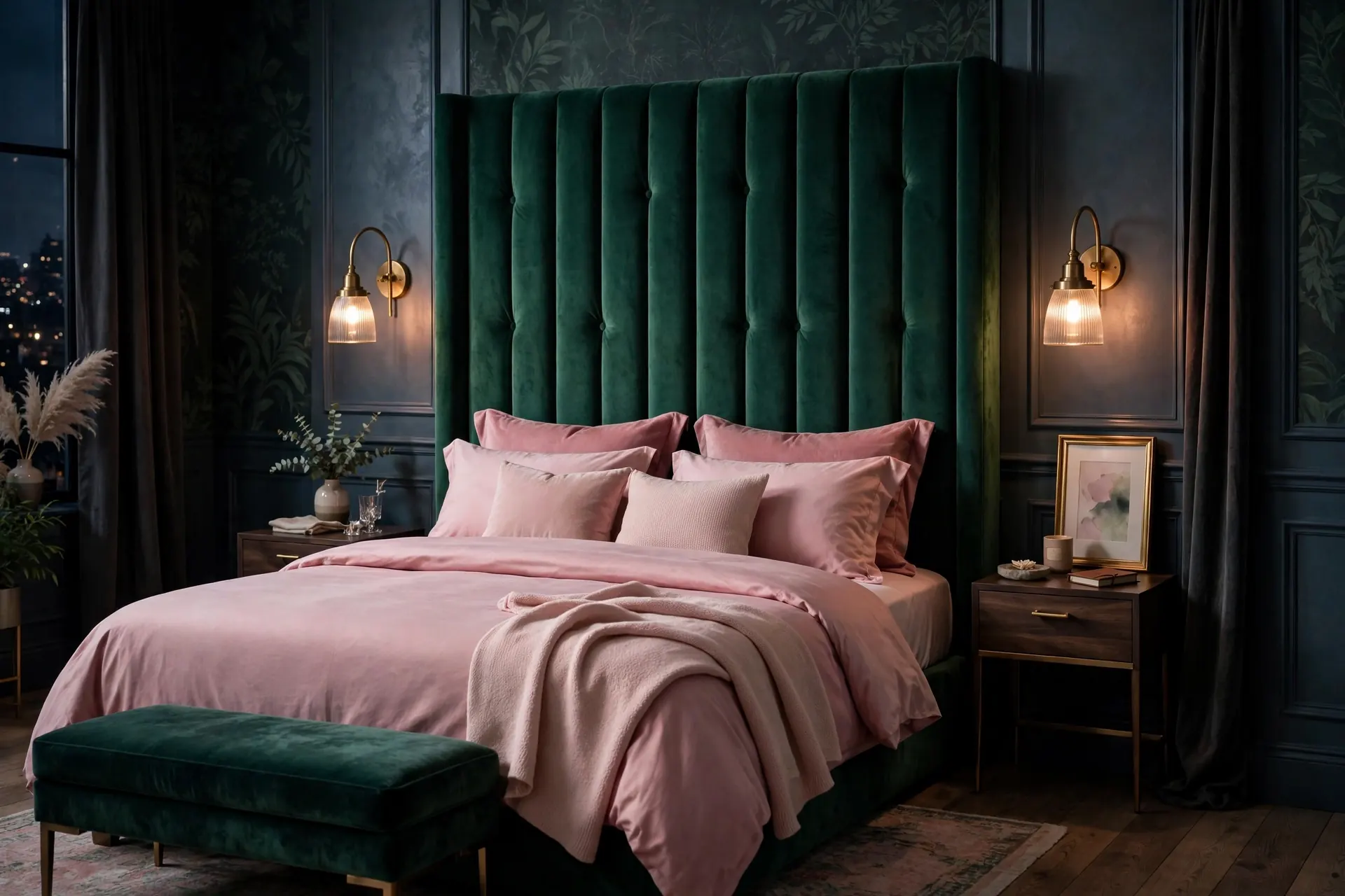 Emerald green velvet headboard with rose pink linens in a pink and green bedroom