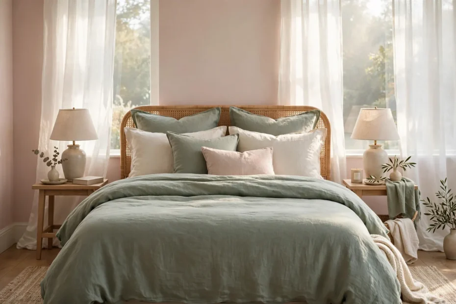 Pink and green bedroom ideas – blush pink walls with sage green bedding