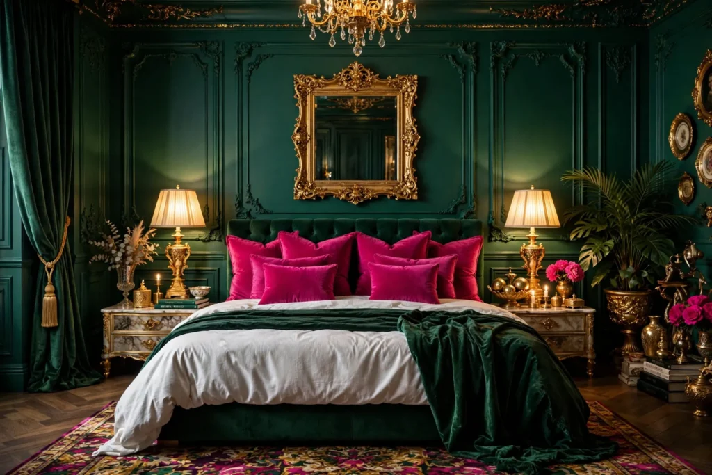 Glamorous emerald green and fuchsia bedroom with gold touches