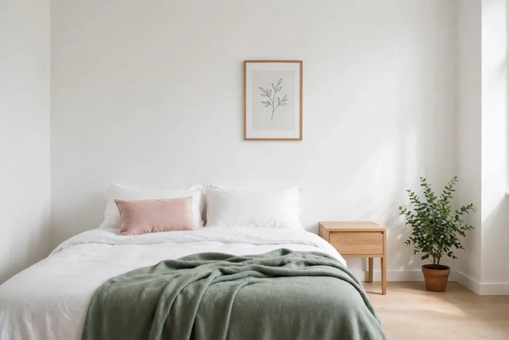 Minimalist white bedroom with blush pink and sage green accents
