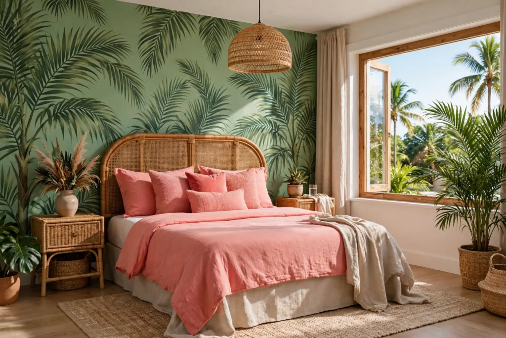 Tropical palm print pink and green bedroom with rattan headboard