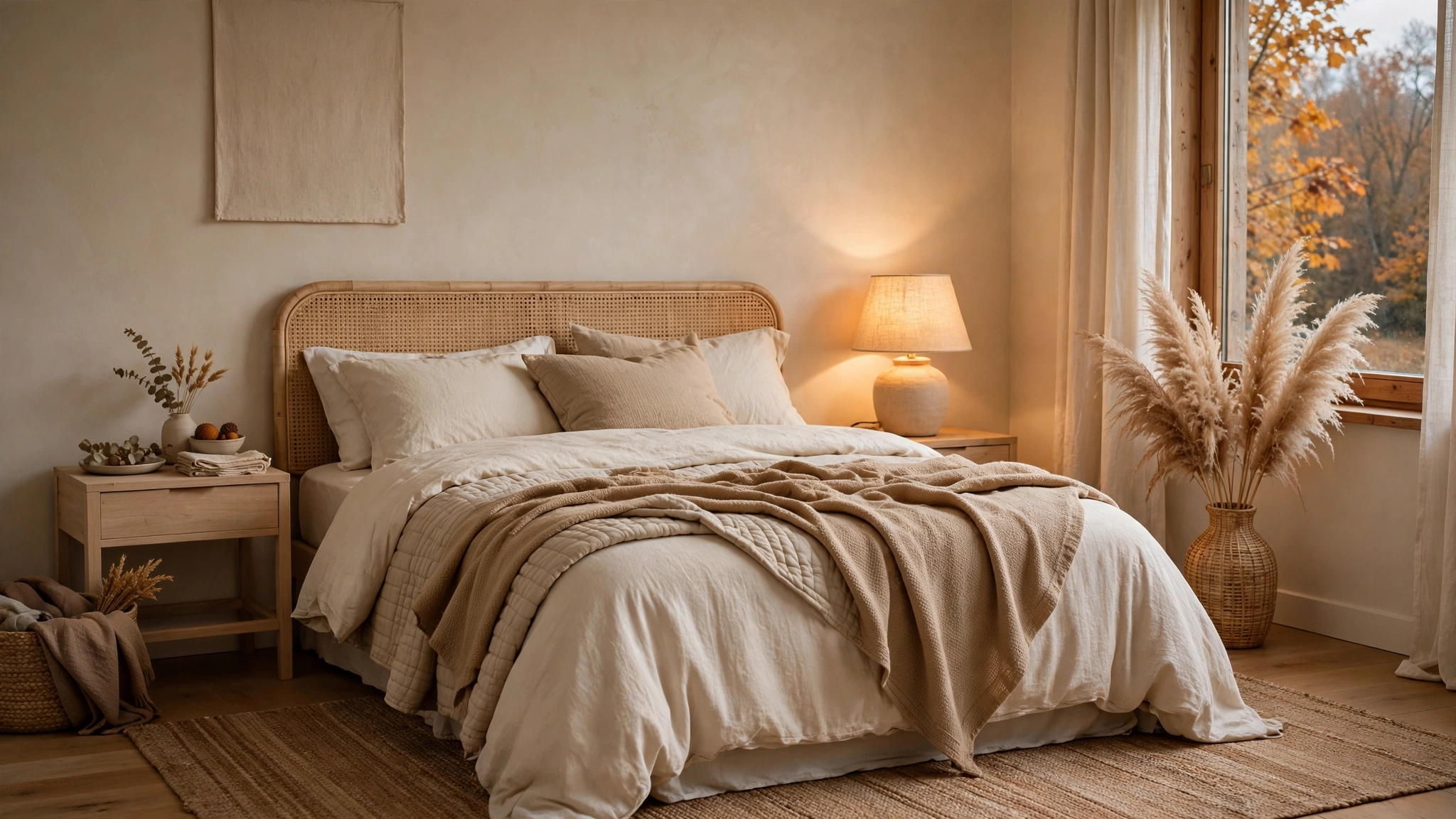 Warm neutral beige bedroom with fall decor and soft lamplight